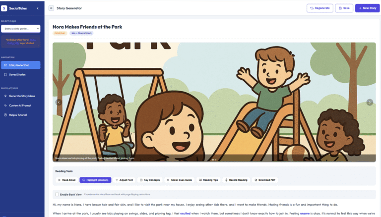 Social stories for autism example: children learning how to make friends at the park with EZducate app