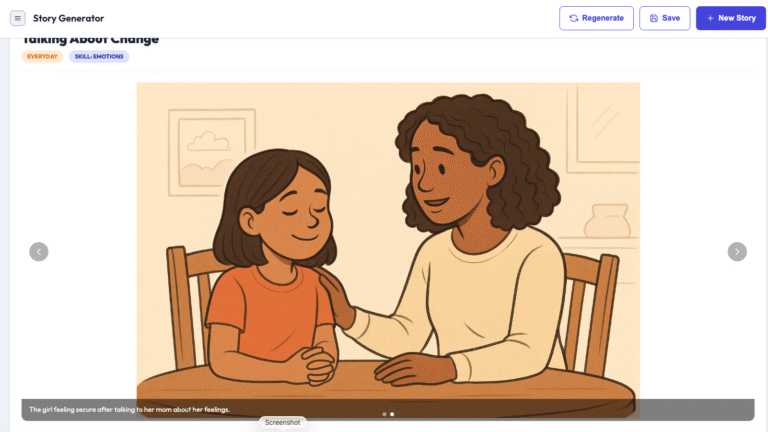 Mom and daughter sitting at a table, smiling while talking about feelings.