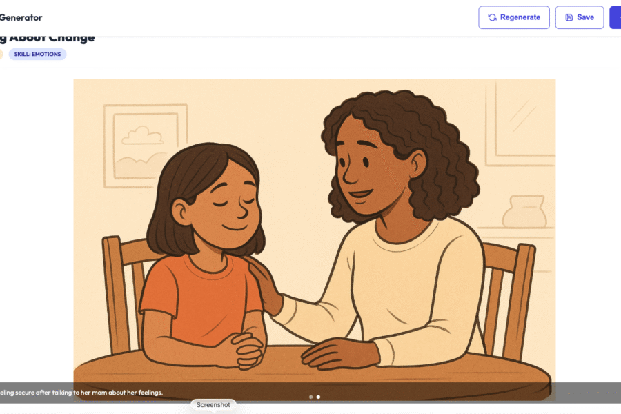 Mom and daughter sitting at a table, smiling while talking about feelings.