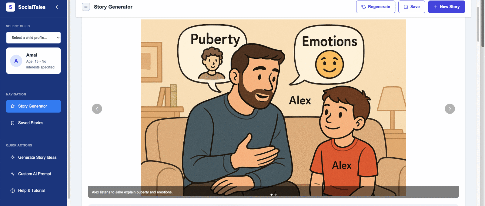 Father, or father figure ,talking to his young son about puberty and emotions while sitting on a couch, with speech bubbles showing the words “Puberty” and “Emotions.”