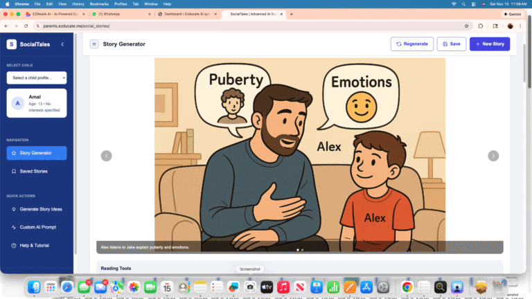 Father, or father figure ,talking to his young son about puberty and emotions while sitting on a couch, with speech bubbles showing the words “Puberty” and “Emotions.”