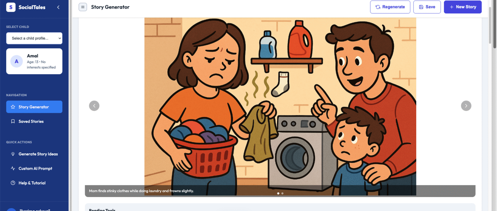 artoon illustration showing mom holding laundry basket with smelly sock, dad and child nearby in laundry room, depicting the start of a hygiene conversation