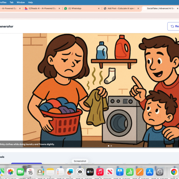 artoon illustration showing mom holding laundry basket with smelly sock, dad and child nearby in laundry room, depicting the start of a hygiene conversation