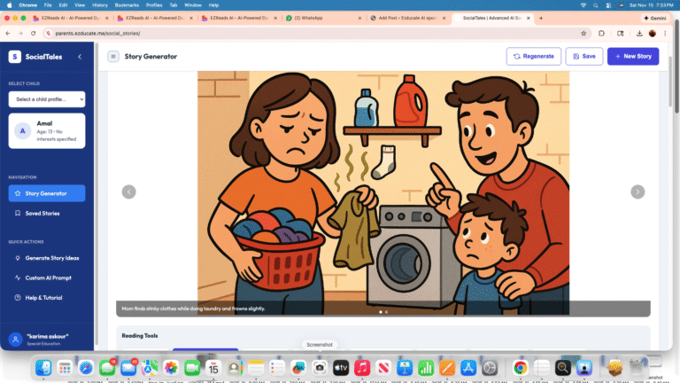 artoon illustration showing mom holding laundry basket with smelly sock, dad and child nearby in laundry room, depicting the start of a hygiene conversation