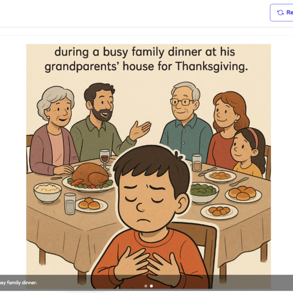 Child using a calm-down strategy during a busy family dinner