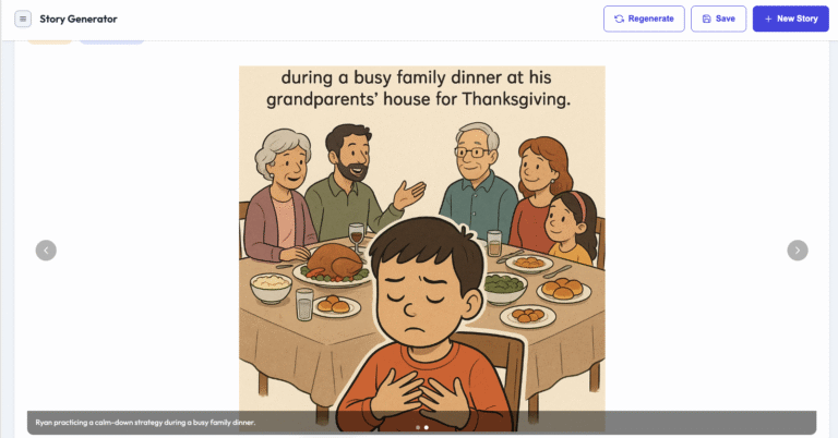 Child using a calm-down strategy during a busy family dinner