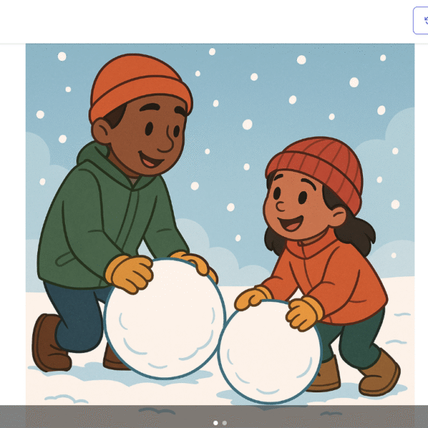a girl with autism building a snowman with her older brother. tTogether, rolling large snowballs in the snow while learning teamwork and collaboration skills