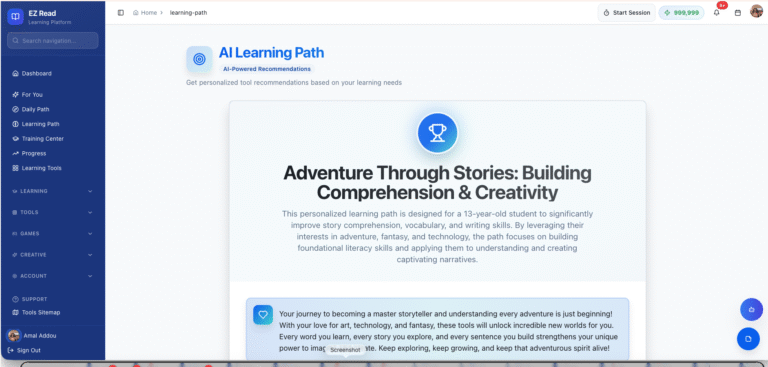 Personalized AI Learning Path results showing Adventure Through Stories plan for struggling reader with comprehension goals and fantasy interests