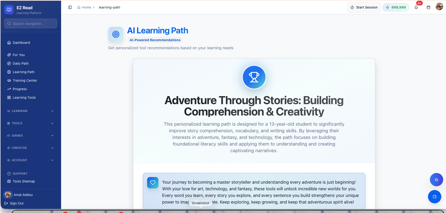 Personalized AI Learning Path results showing Adventure Through Stories plan for struggling reader with comprehension goals and fantasy interests