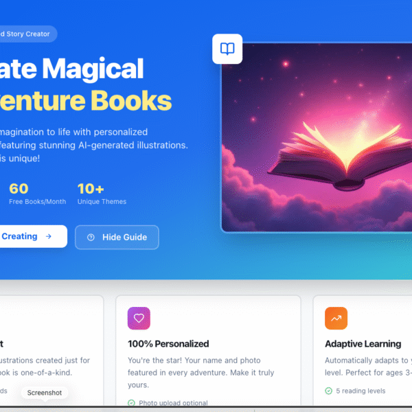 Creat-book promotional banner showing Create Magical Adventure Books with colorful fantasy imagery