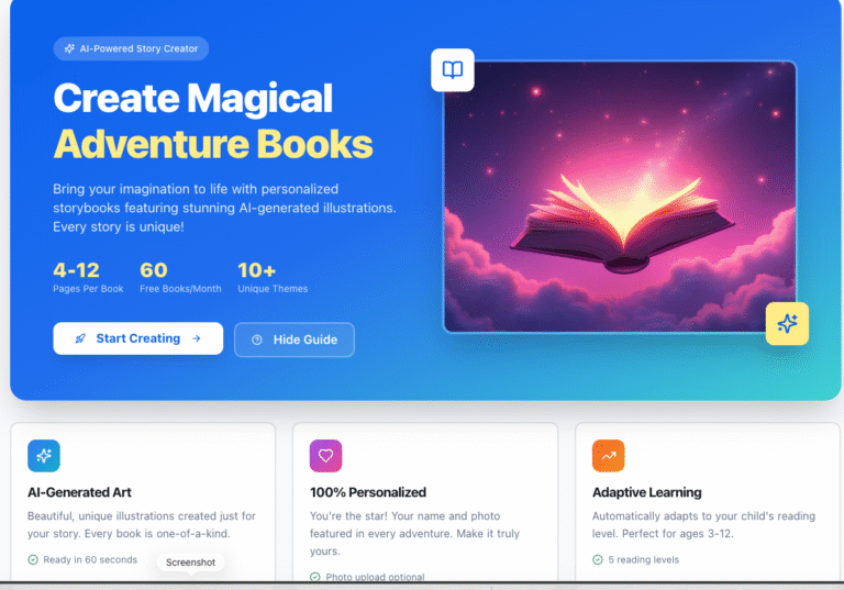 Creat-book promotional banner showing Create Magical Adventure Books with colorful fantasy imagery