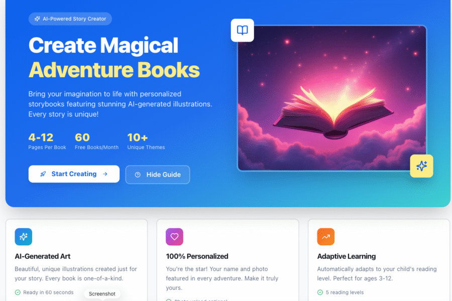 Creat-book promotional banner showing Create Magical Adventure Books with colorful fantasy imagery