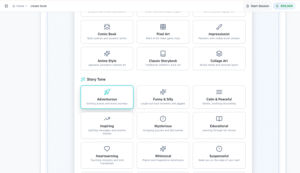 Creat-book Story Tone selection showing options like Adventurous, Funny and Silly, Calm and Peaceful, Inspiring, Educational, and Heartwarming