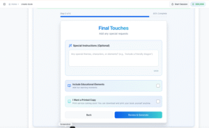 Creat-book Final Touches screen with Special Instructions field filled in describing Kiki's personality and Include Educational Elements checkbox selected