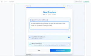 Creat-book Review and Generate screen showing summary of choices including Theme Amals journal, Hero Kiki, Story Settings Level 4 with 10 pages, and Style Minimalist Inspiring