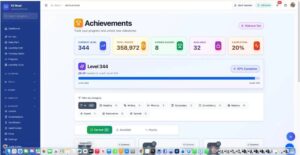 EZRead Achievements dashboard showing Level 344, 358,972 total points, 8 earned badges, 32 available badges, 20% completion rate, and Platinum Tier status with category filters for Reading, Writing, Phonics, Vocabulary, and more