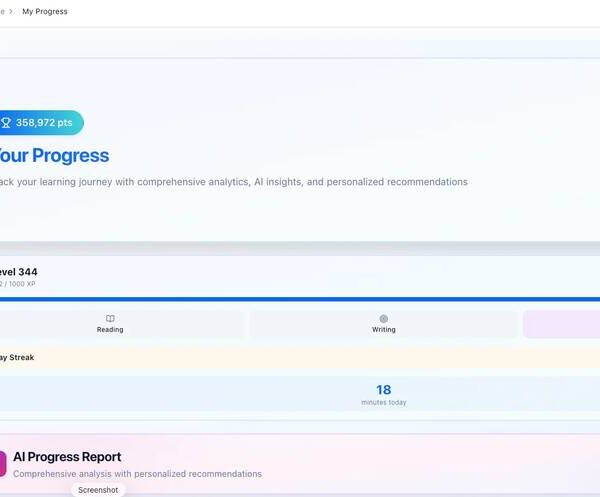 EZRead Your Progress dashboard showing Level 344, 358,972 points, Reading Writing and Practice tabs, 1 day streak, 18 minutes today, and AI Progress Report with Generate Report button