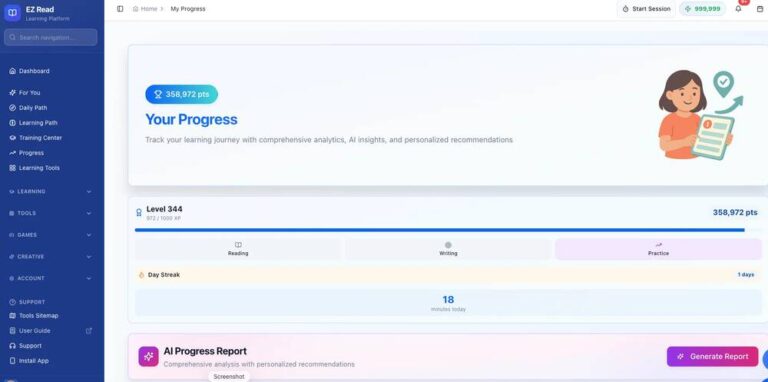 EZRead Your Progress dashboard showing Level 344, 358,972 points, Reading Writing and Practice tabs, 1 day streak, 18 minutes today, and AI Progress Report with Generate Report button
