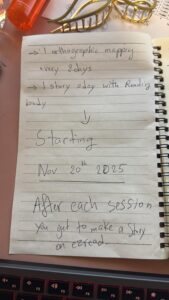 Handwritten daily learning plan showing goals for week one including 20 minutes a day for 7 days, 1 story a day with Reading Buddy, orthographic mapping every 2 days, starting November 20 2025, with reward of making a story on EZRead after each session