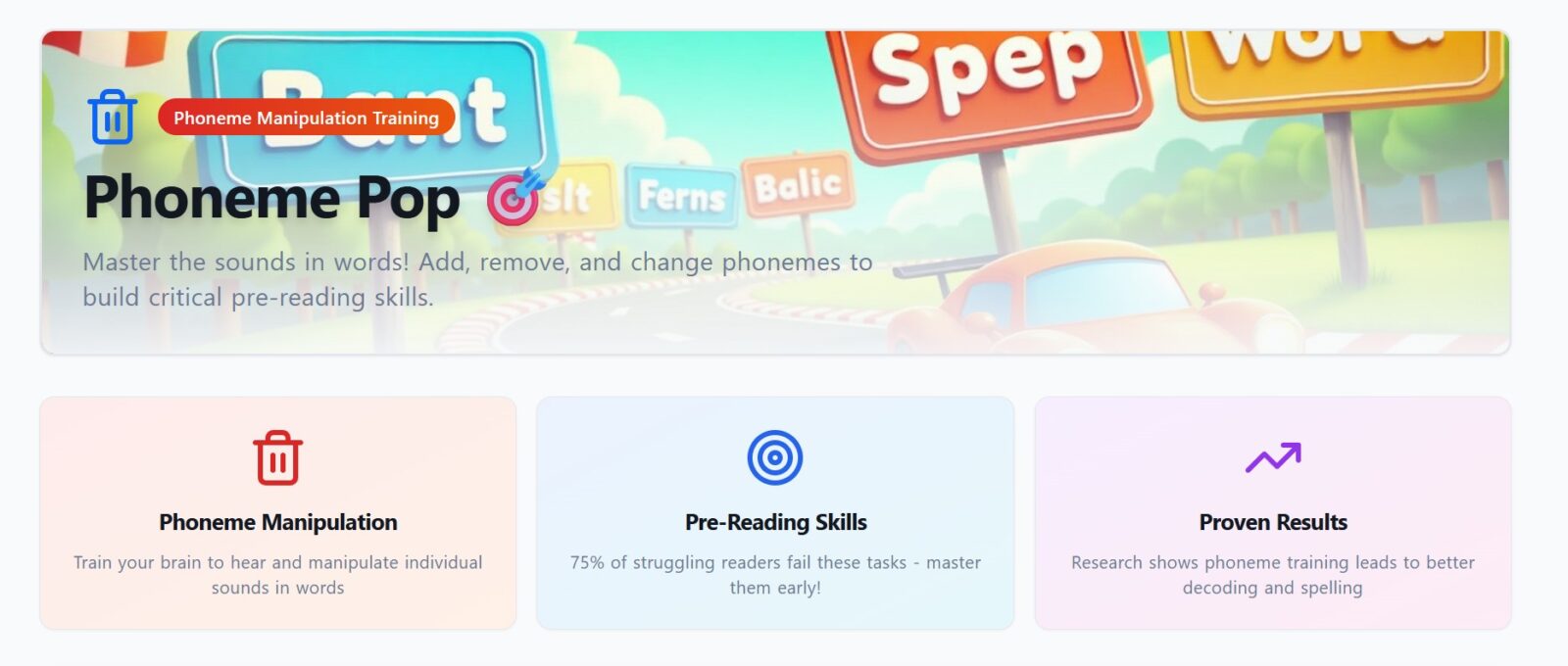 Phoneme Pop reading game for kids showing colorful phoneme manipulation training interface with word signs and key features