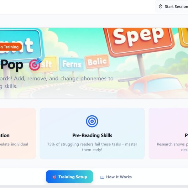 Phoneme Pop reading game for kids showing colorful phoneme manipulation training interface with word signs and key features