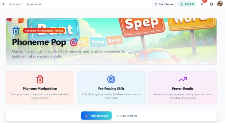 Phoneme Pop reading game for kids showing colorful phoneme manipulation training interface with word signs and key features