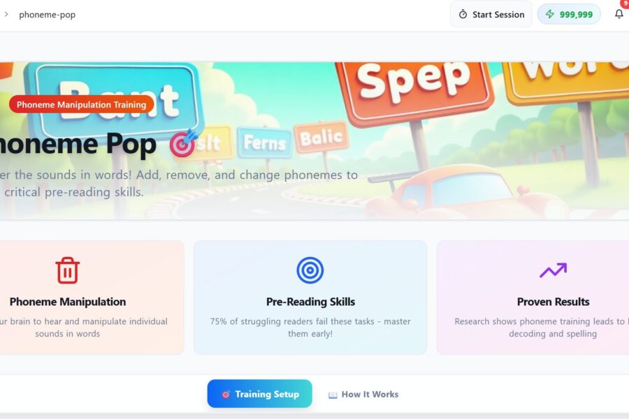 Phoneme Pop reading game for kids showing colorful phoneme manipulation training interface with word signs and key features