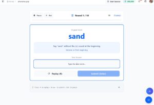 Phoneme Pop gameplay screen showing the word "sand" with instruction to remove the /s/ sound, answer input field, and Replay and Submit buttons