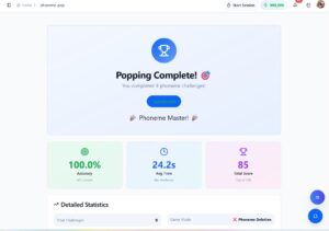 Phoneme Pop completion screen showing "Popping Complete" celebration with Phoneme Master badge, 100% accuracy score, 24.2 second average time, and 85 total score