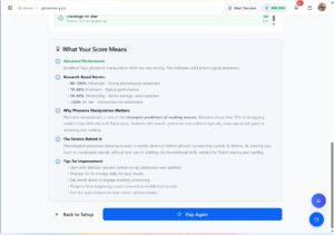 Phoneme Pop score explanation screen showing research-based performance norms, why phoneme manipulation matters for reading success, and tips for improvement
