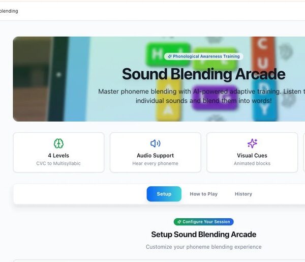 Sound Blending Arcade game landing page showing phonological awareness training with 4 levels, audio support, visual cues, and adaptive AI features