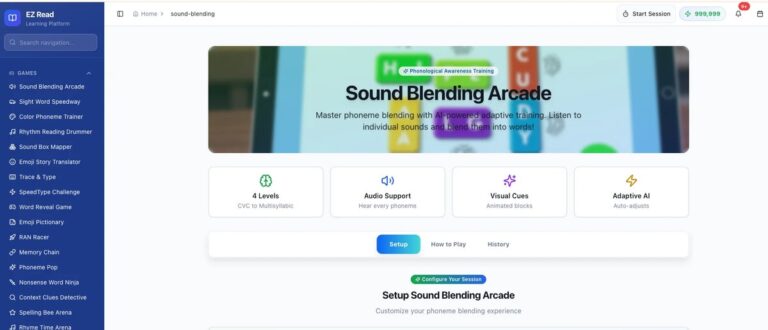 Sound Blending Arcade game landing page showing phonological awareness training with 4 levels, audio support, visual cues, and adaptive AI features
