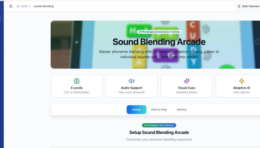 Sound Blending Arcade game landing page showing phonological awareness training with 4 levels, audio support, visual cues, and adaptive AI features