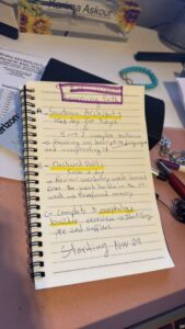 Handwritten week two learning path plan showing Sentence Architect for 10 minutes a day for 3 days focusing on complex sentences and descriptive language, Flashcard Drill for 5 minutes a day to review vocabulary words, and 3 Morphology Builder exercises for prefixes and suffixes, starting November 29 2025