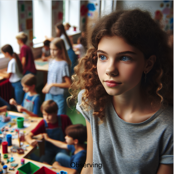 A teenage girl with curly hair observing other children doing arts and crafts activities at an after-school program