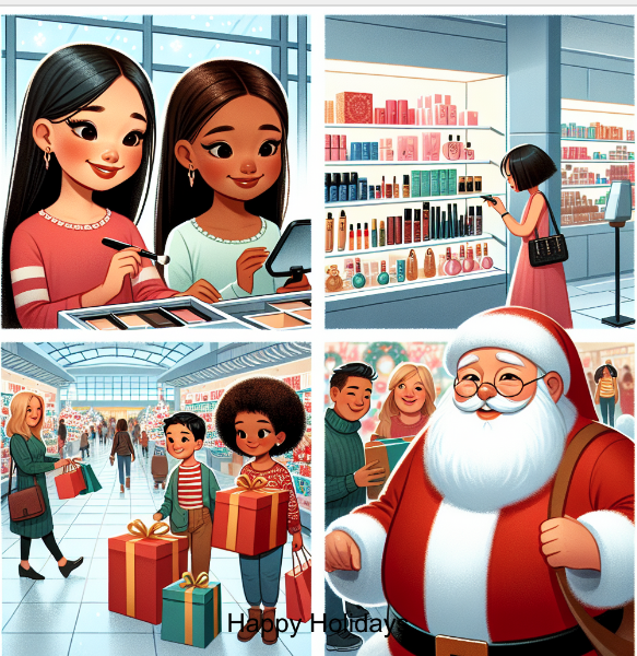 Holiday social stories for autism - illustrations showing beauty store shopping, mall trip, and meeting Santa