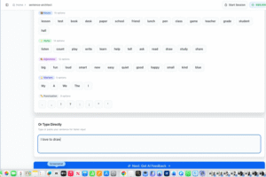 Color-coded word bank showing nouns, verbs, adjectives, starters, and punctuation tiles for sentence building
