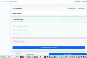 Sentence Architect typing area showing I love to draw typed in the text box with word tiles above