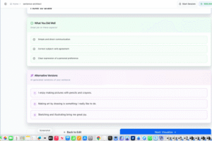 AI feedback screen showing grammar 100 percent and clarity 100 percent scores with What You Did Well section and alternative sentence versions