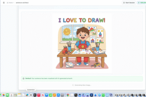 AI-generated illustration of a happy boy drawing at a desk with I Love To Draw text and colorful art supplies