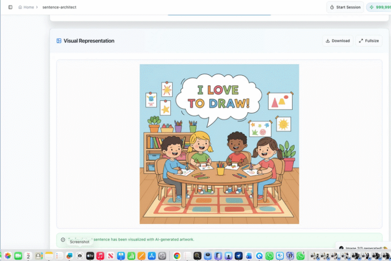 AI-generated illustration of a happy boy drawing at a desk with I Love To Draw text and colorful art supplies