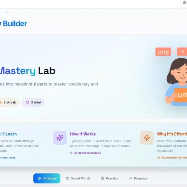EZRead Morphology Builder Word Mastery Lab landing page showing progress tracker with streak and words mastered