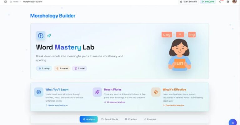 EZRead Morphology Builder Word Mastery Lab landing page showing progress tracker with streak and words mastered