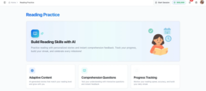 Reading Practice app landing page showing Build Reading Skills with AI and adaptive content features