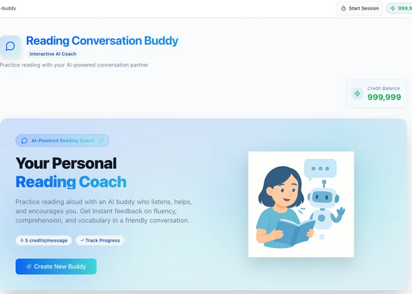 Reading Buddy AI reading coach landing page showing create new buddy button