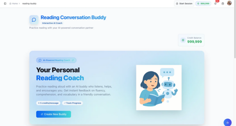 Reading Buddy AI reading coach landing page showing create new buddy button