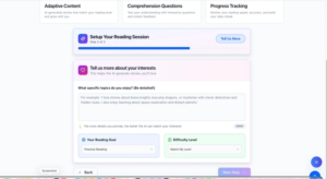 Reading Practice setup showing interests input field reading goal options and difficulty level selection