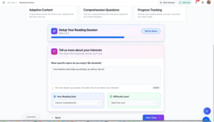 Reading Practice session customization showing time options number of stories and questions per story with personalized session summary