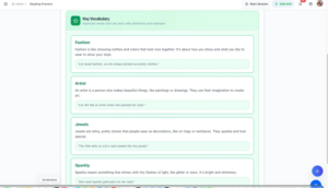 Reading Practice vocabulary tab showing key words Fashion Artist Jewels Sparkly with definitions and example sentences