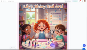 AI-generated colorful illustration for Lily's Shiny Nail Art showing three children doing nail art with polish bottles and stickers